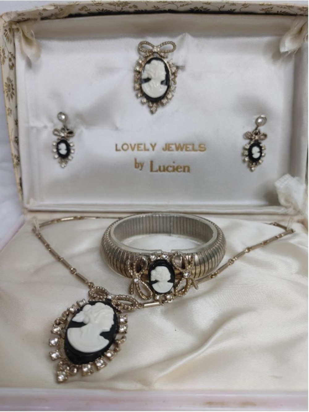 Women's Lovely Jewels by Lucien 4 pc Silver & Black Cameo Pature Gift Set 40s-50